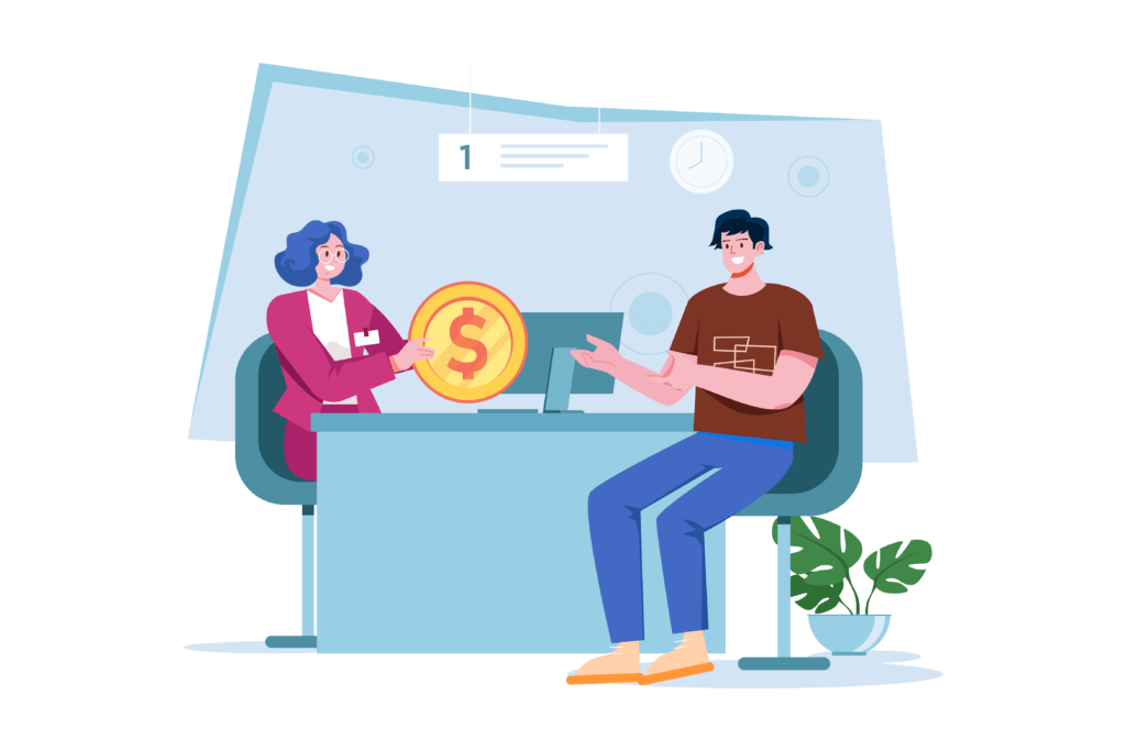 female banker giving a coin to a male customer for the loan he just received.