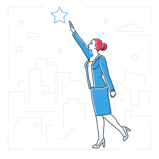 Business woman reaching for a star with a city scape in the background.