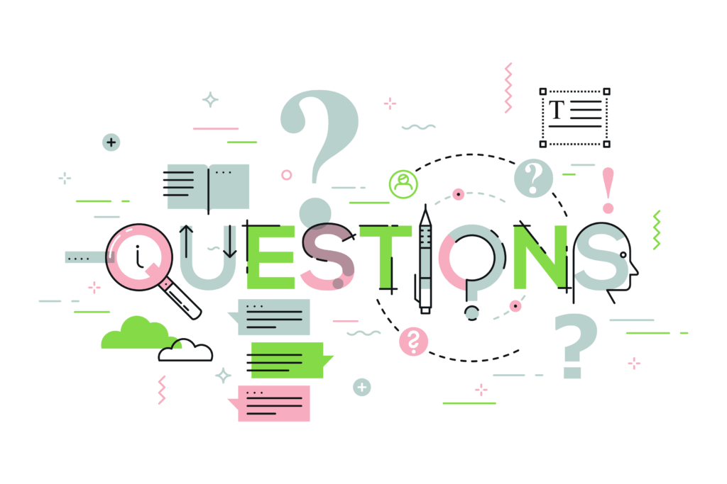 illustration of the word questions using office supplies to form the letters